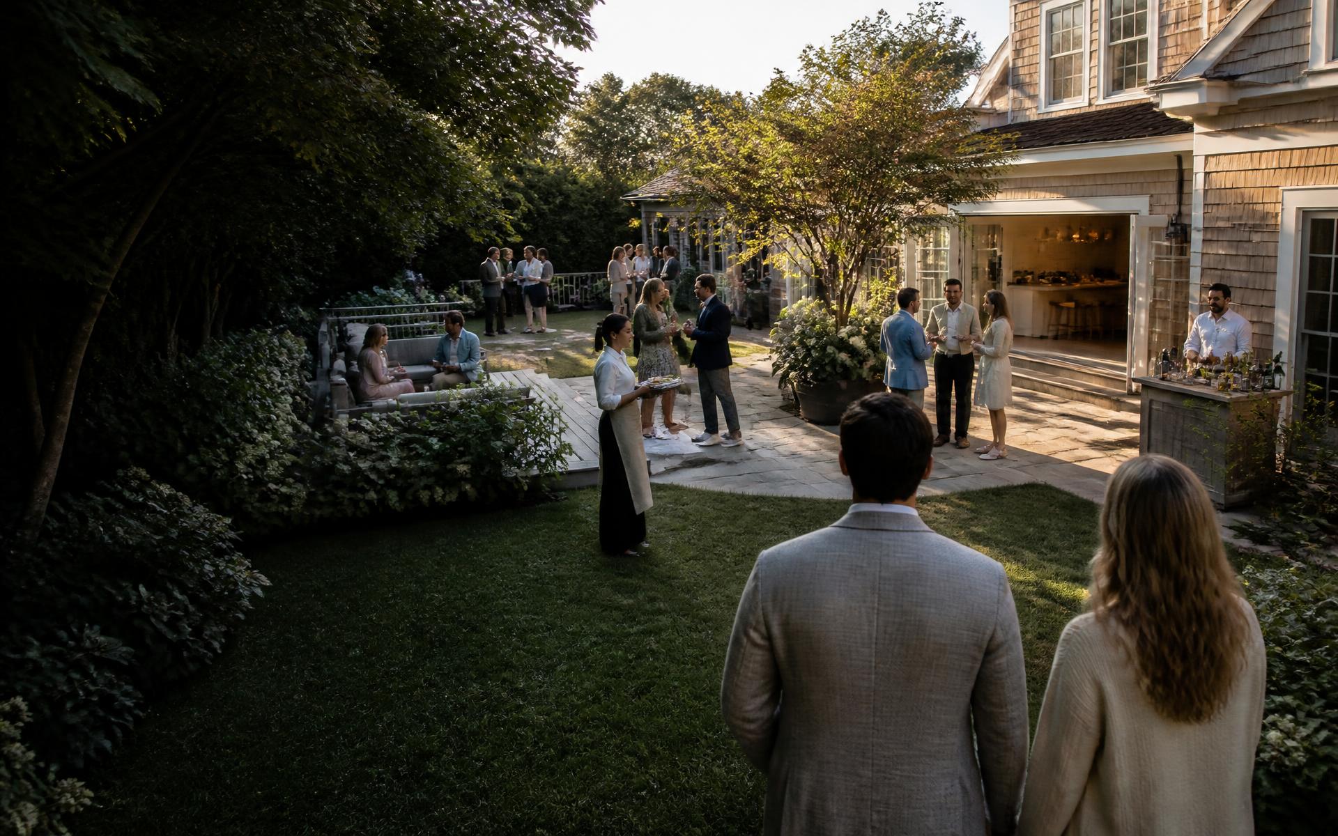 Wide view of a backyard party at a cedar-shingled Long Island home in late afternoon light, with about twenty adult guests in small separated groups across the lawn, stone patio and deck, open kitchen doors behind them, a server carrying a tray and a bartender working a small patio bar